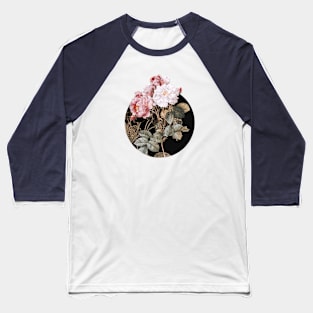 Vintage Pink Damask Rose Botanical Illustration on Circle Baseball T-Shirt